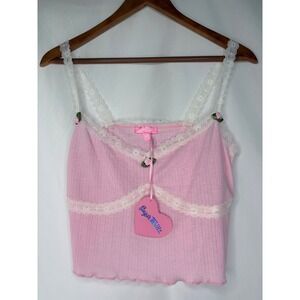 Y2K Sugar Thrillz M Pink Pointelle Lace Trim Rosebud Camisole Crop Top Dollette